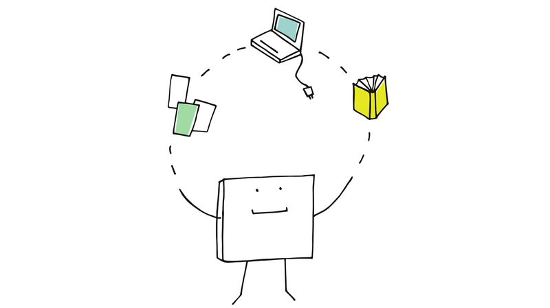 Ein personifiziertes Quadrat jongliert mit Laptop, Buch und losen Seiten.