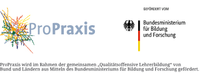 Logos des Projekts ProPraxis und dem Bundesministerium für Bildung und Forschung. Darunter der Schriftzug: Das Projekt ProPraxis wird im Rahmen der gemeinsamen „Qualitätsoffensive Lehrerbildung“ von Bund und Ländern aus Mitteln des Bundesministeriums für Bildung und Forschung gefördert.